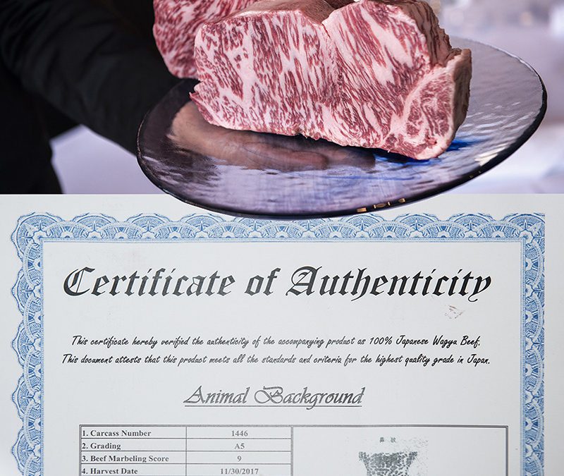Certificate of Authenticity for the 100% Japanese Wagyu Beef served at Greystone